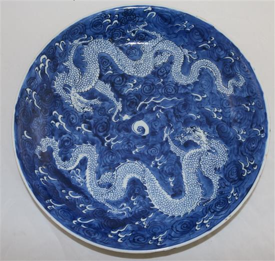 A Chinese blue and white dragon dish, Kangxi period, 34.5cm